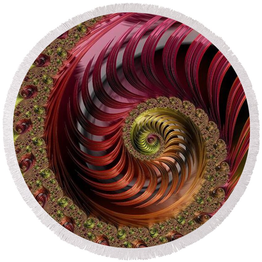 Gold Round Beach Towel featuring the digital art Gold and Ruby Nautilus Shell Fractal by Shelli Fitzpatrick