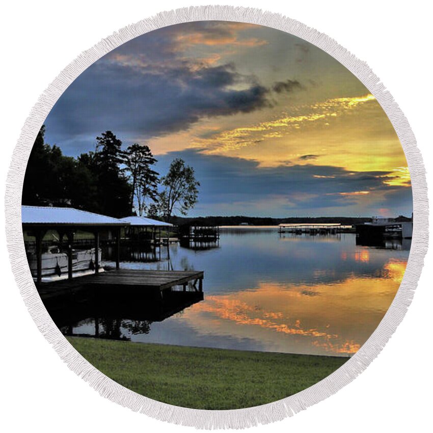 Lake Round Beach Towel featuring the photograph Gold Dusted Lake Sunrise by Ed Williams