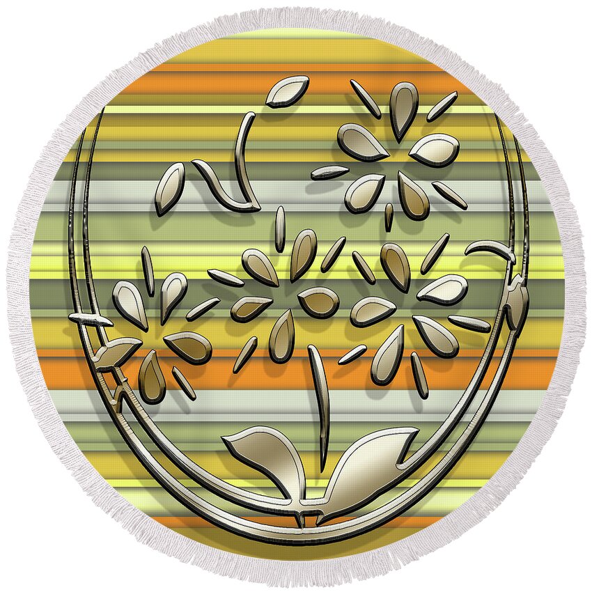 Staley Round Beach Towel featuring the digital art Gold Flowers on Yellow 2 by Chuck Staley
