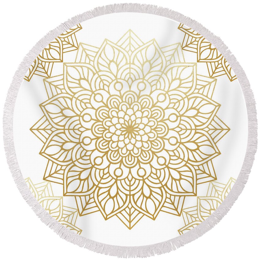 Mandala Round Beach Towel featuring the digital art Gold Mandala Pattern in White Background by Sambel Pedes