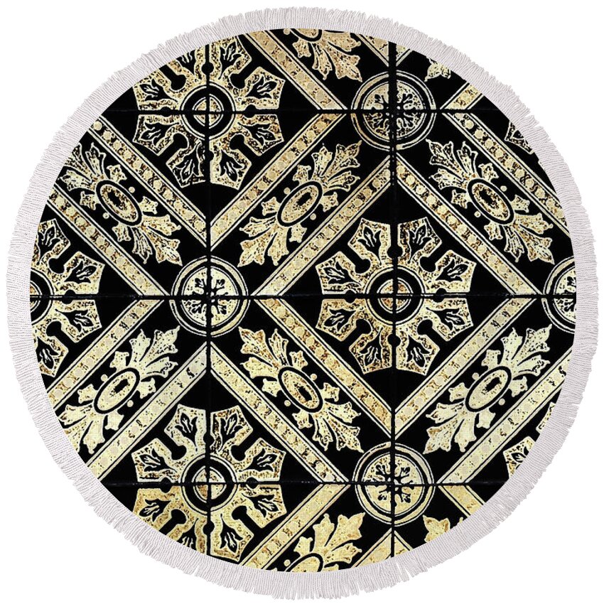 Gold Tiles Round Beach Towel featuring the digital art Gold On Black Tiles Mosaic Design Decorative Art I by Irina Sztukowski