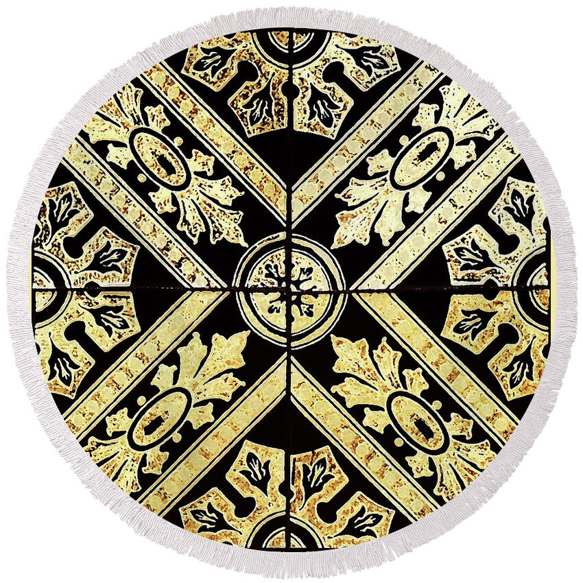 Gold Tiles Round Beach Towel featuring the digital art Gold On Black Tiles Mosaic Design Decorative Art IV by Irina Sztukowski