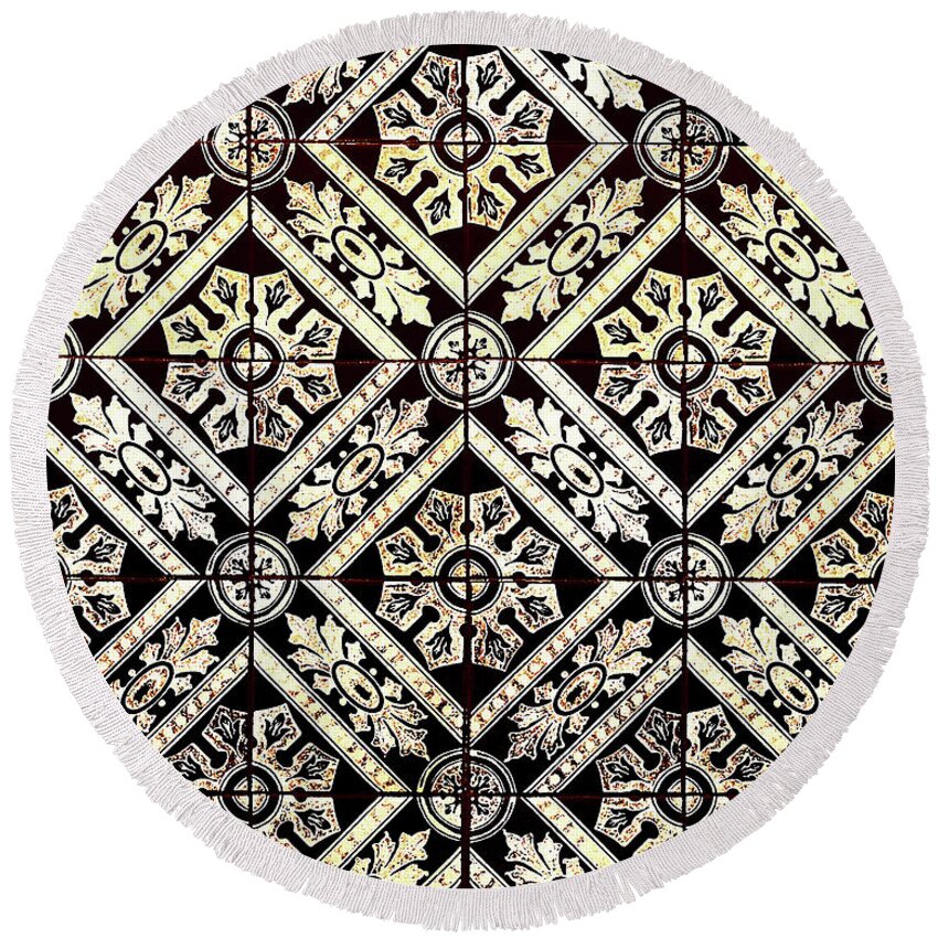Gold Tiles Round Beach Towel featuring the digital art Gold On Black Tiles Mosaic Design Decorative Art VI by Irina Sztukowski