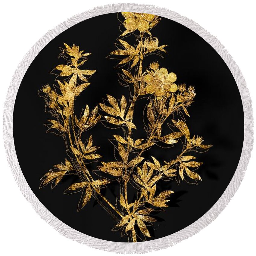 Vintage Round Beach Towel featuring the mixed media Gold Yellow Buttercup Flowers Botanical Illustration on Black by Holy Rock Design
