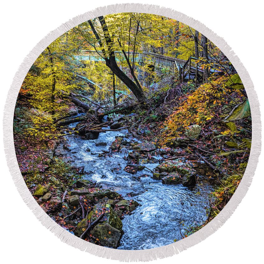 Cherokee Round Beach Towel featuring the photograph Golden Autumn Fall Cascades at Cloudland Canyon by Debra and Dave Vanderlaan