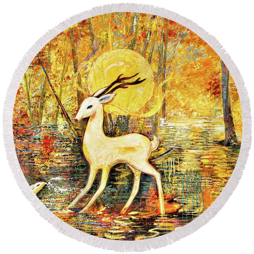 Deer Round Beach Towel featuring the painting Golden Autumn by Shijun Munns