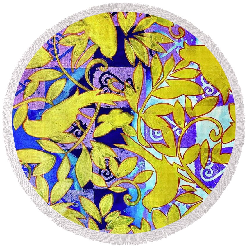  Round Beach Towel featuring the painting Golden Birds background by Clayton Singleton