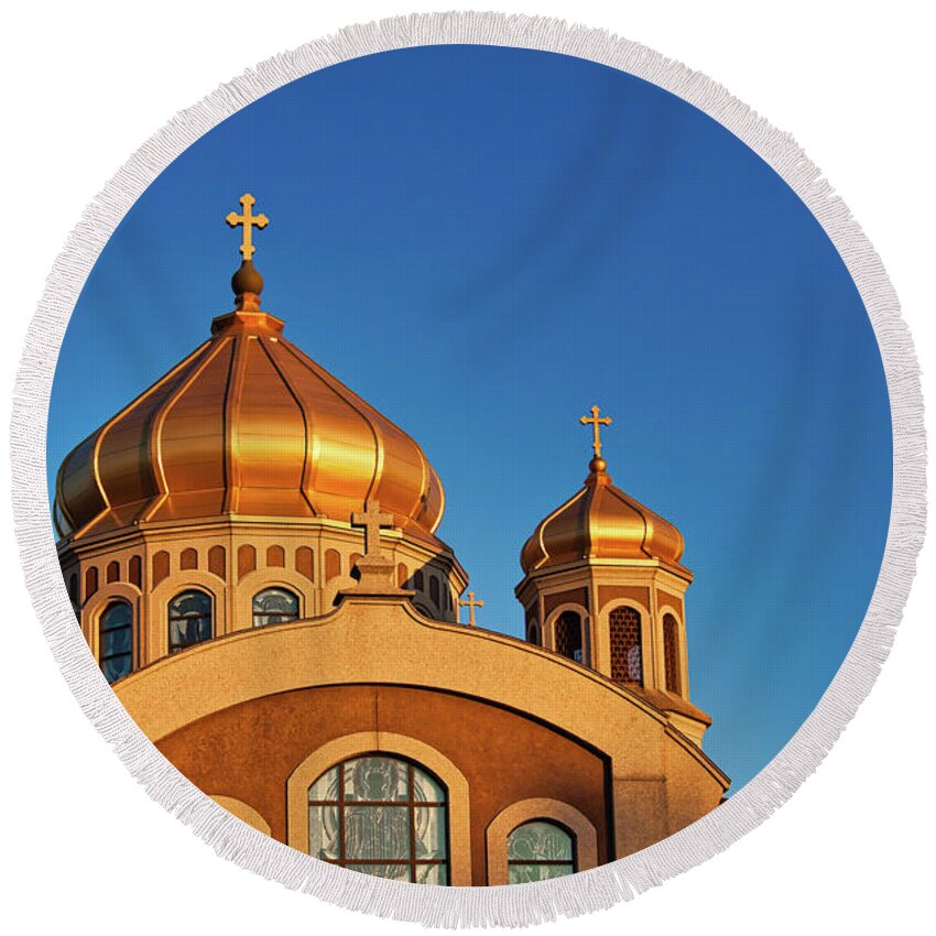 Church Round Beach Towel featuring the photograph Golden cupolas by Tatiana Travelways