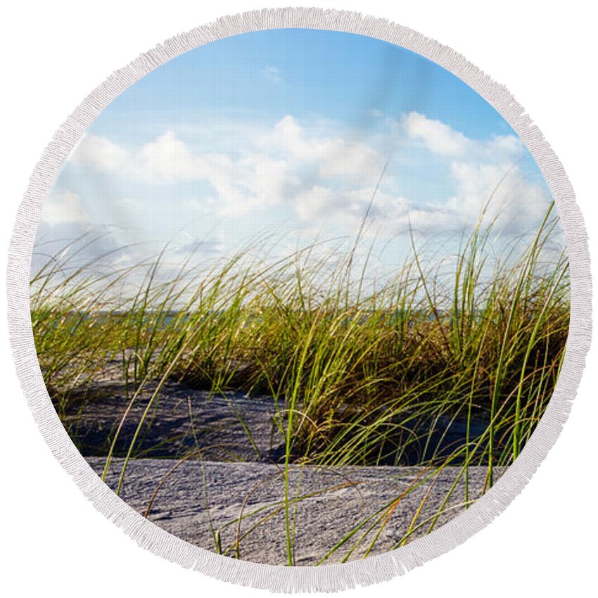 Clouds Round Beach Towel featuring the photograph Golden Dune Grasses I by Debra and Dave Vanderlaan