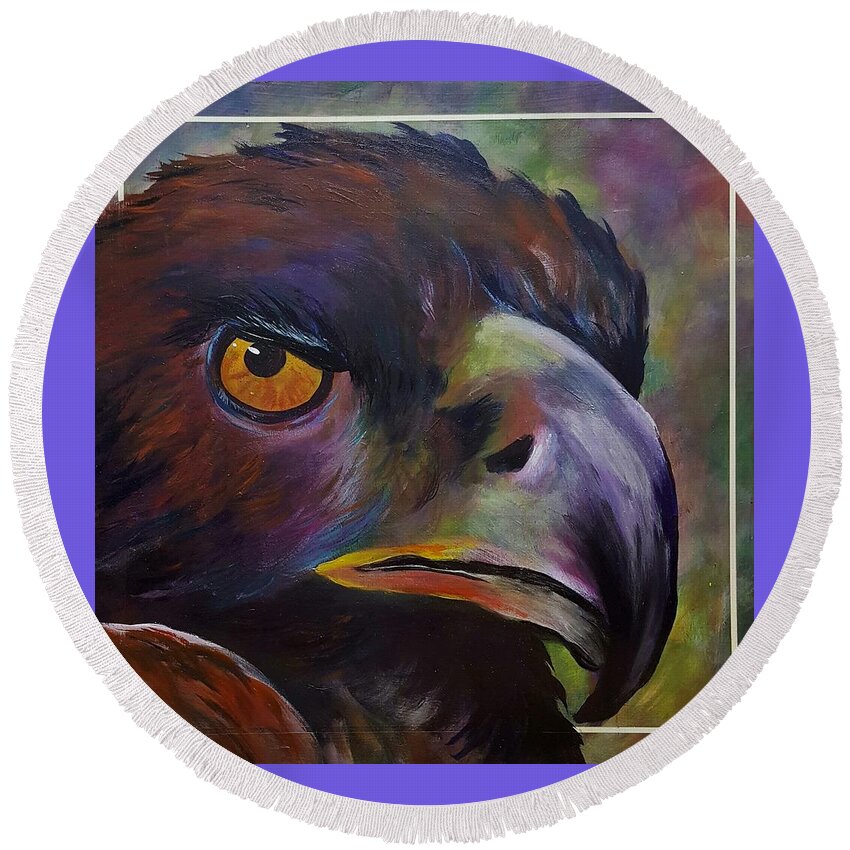 Golden Eagle Round Beach Towel featuring the painting Golden Eagle #5 by Cheryl Nancy Ann Gordon