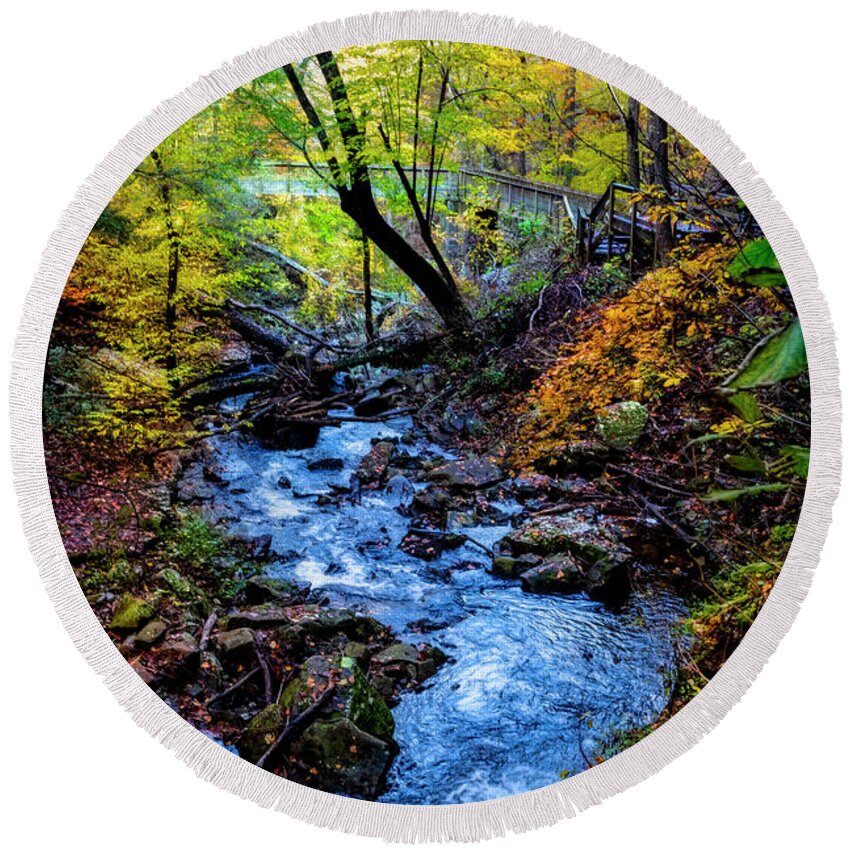 Cherokee Round Beach Towel featuring the photograph Golden Fall Cascades at Cloudland Canyon by Debra and Dave Vanderlaan