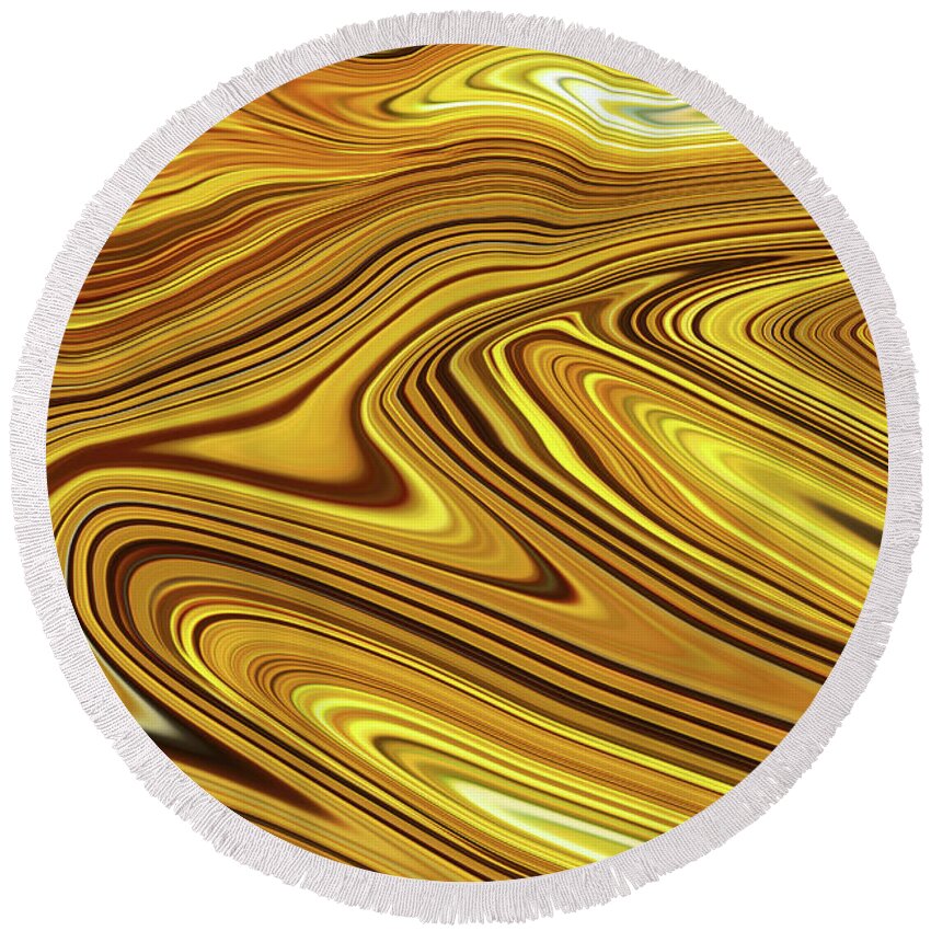 Abstract; Background; Flowing Round Beach Towel featuring the photograph Golden flowing abstract background by Severija Kirilovaite