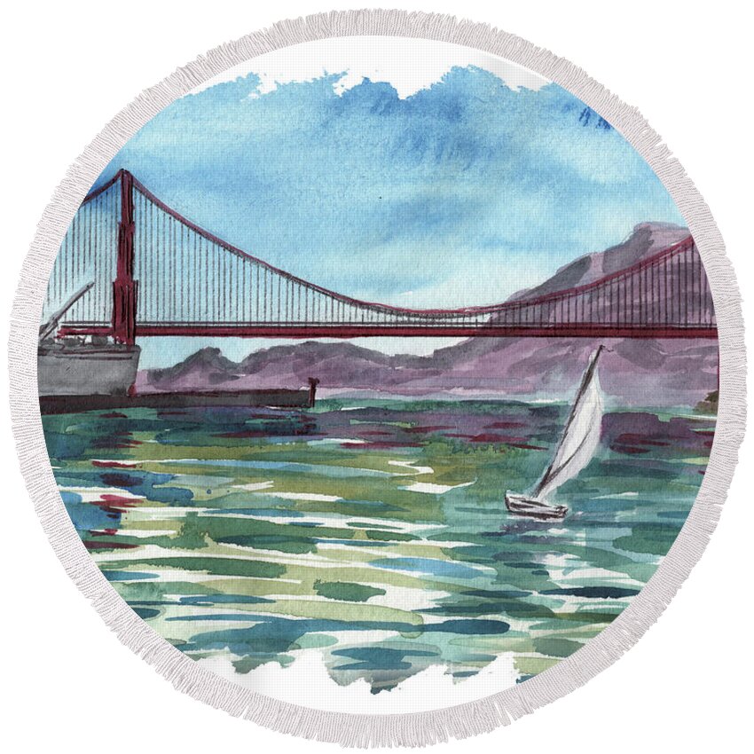 Golden Gate Bridge Round Beach Towel featuring the painting Golden Gate Bridge San Francisco California Watercolor Painting I by Irina Sztukowski