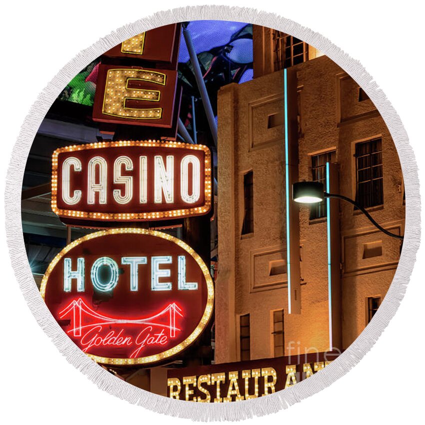 Golden Gate Casino Round Beach Towel featuring the photograph Golden Gate Casino Neon Signs and Fremont Experience at Night by Aloha Art