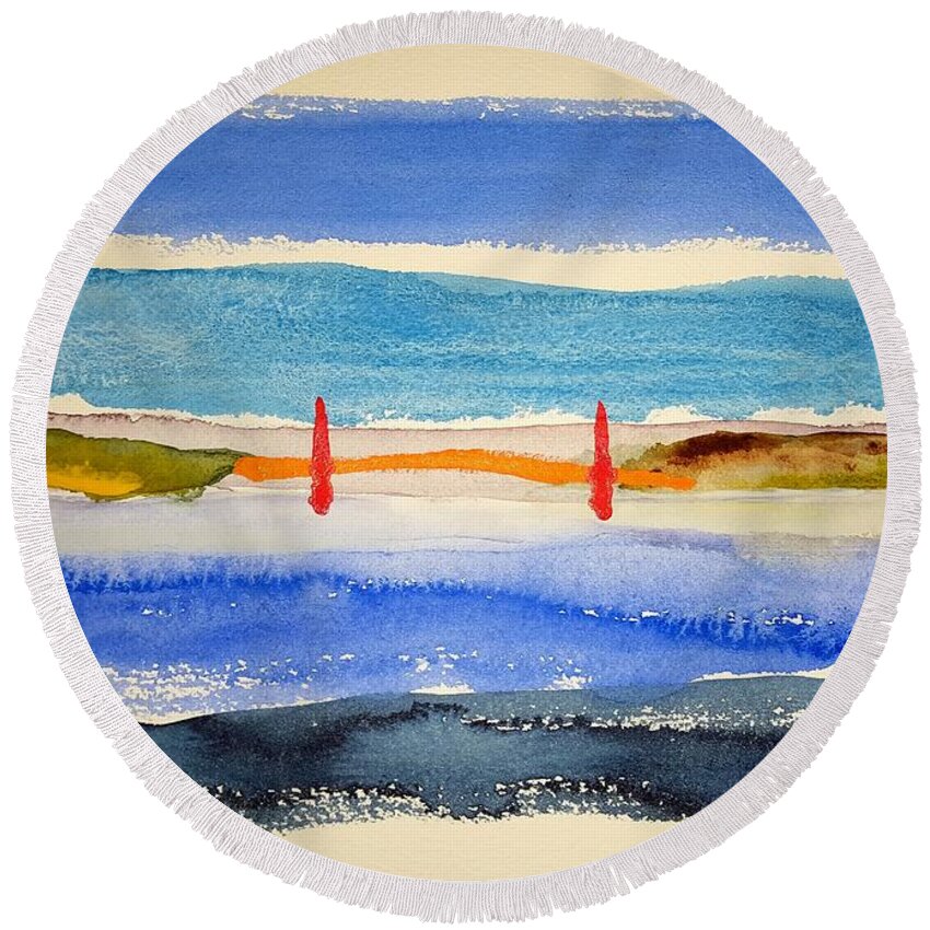 Watercolor Round Beach Towel featuring the painting Golden Gate Morning by John Klobucher