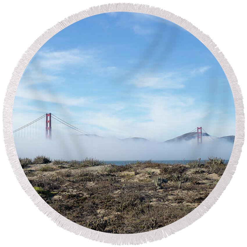 Golden Gate Bridge Round Beach Towel featuring the photograph Golden Gate Rising from the Fog by Manuela's Camera Obscura