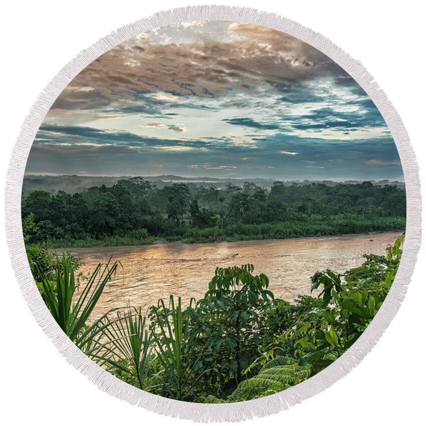 Ahuano Round Beach Towel featuring the photograph Golden hour on the Napo river by Henri Leduc