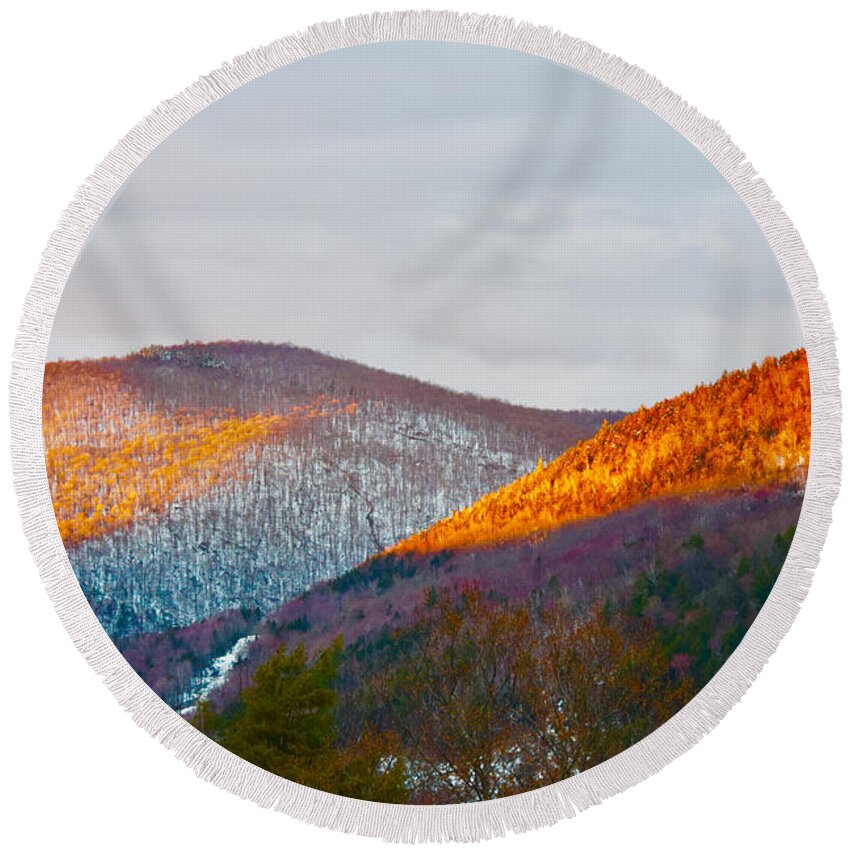 Vermont Round Beach Towel featuring the photograph Golden Hour Snowy Spring Hills Vermont by Debra Banks