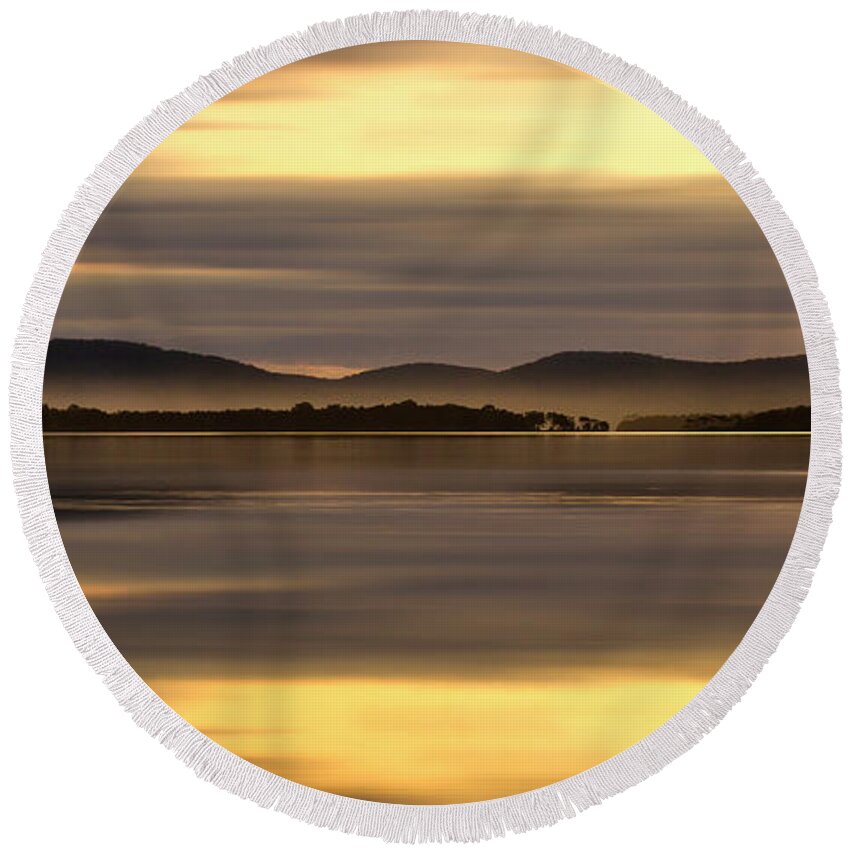 Wallis Lakes Forster Round Beach Towel featuring the digital art Golden Lake 89 by Kevin Chippindall