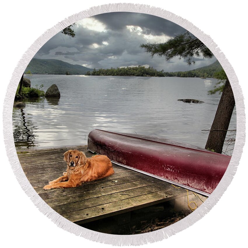 Lake Round Beach Towel featuring the photograph Golden Lake Storm Overhead by Russel Considine