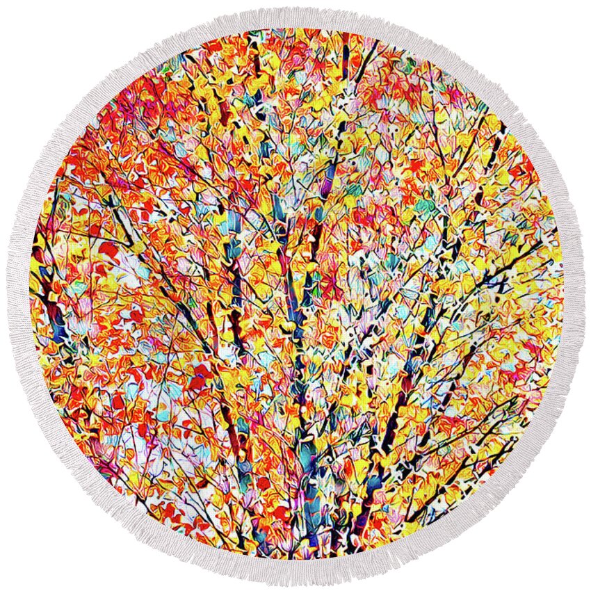 Tree Round Beach Towel featuring the mixed media Golden leaves - Abstract by Tatiana Travelways