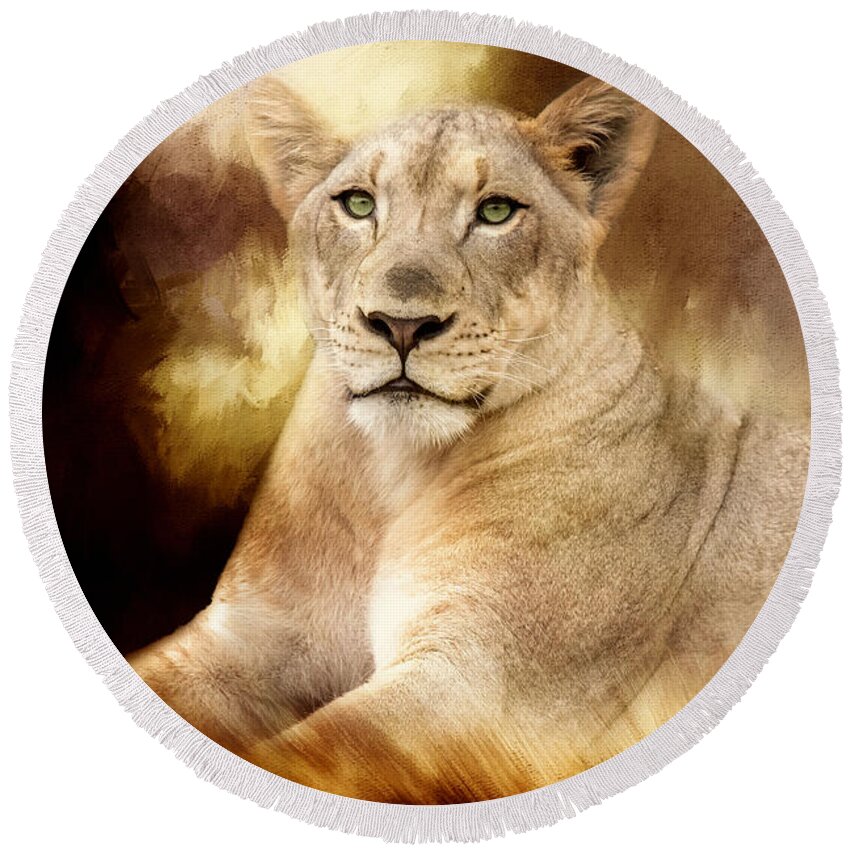 Lioness Round Beach Towel featuring the photograph Golden Plains Lioness by Ed Taylor