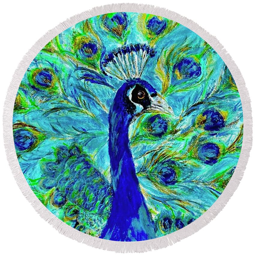 Peacock Round Beach Towel featuring the painting Bird of Gold and Blue Plumage by Melody Fowler