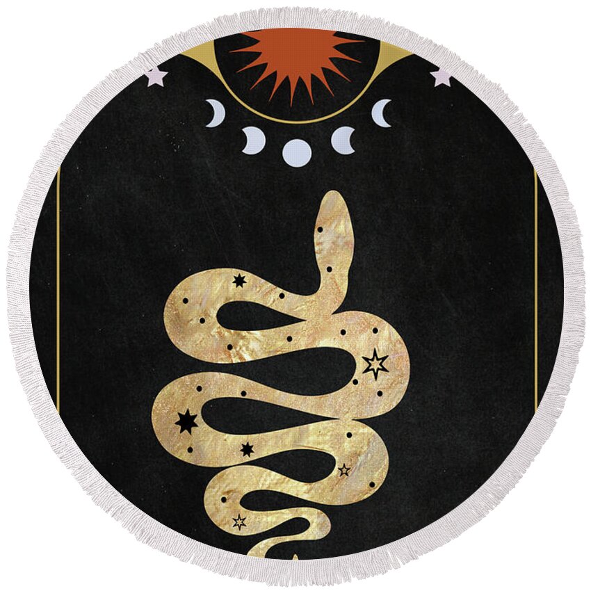 Golden Serpent Round Beach Towel featuring the painting Golden Serpent Magical Animal Art by Garden Of Delights