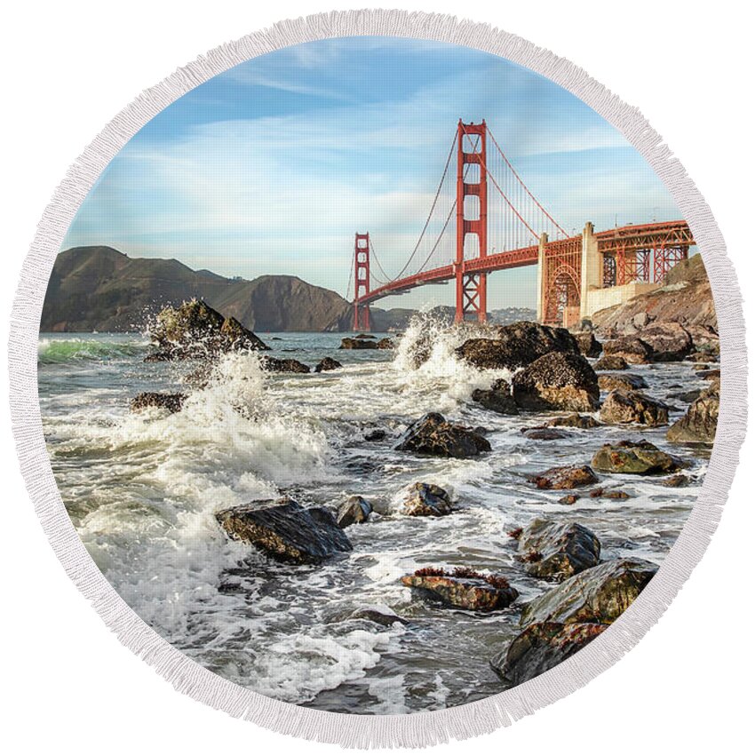Golden Gate Bridge Round Beach Towel featuring the photograph Golden Splash by Gary Geddes