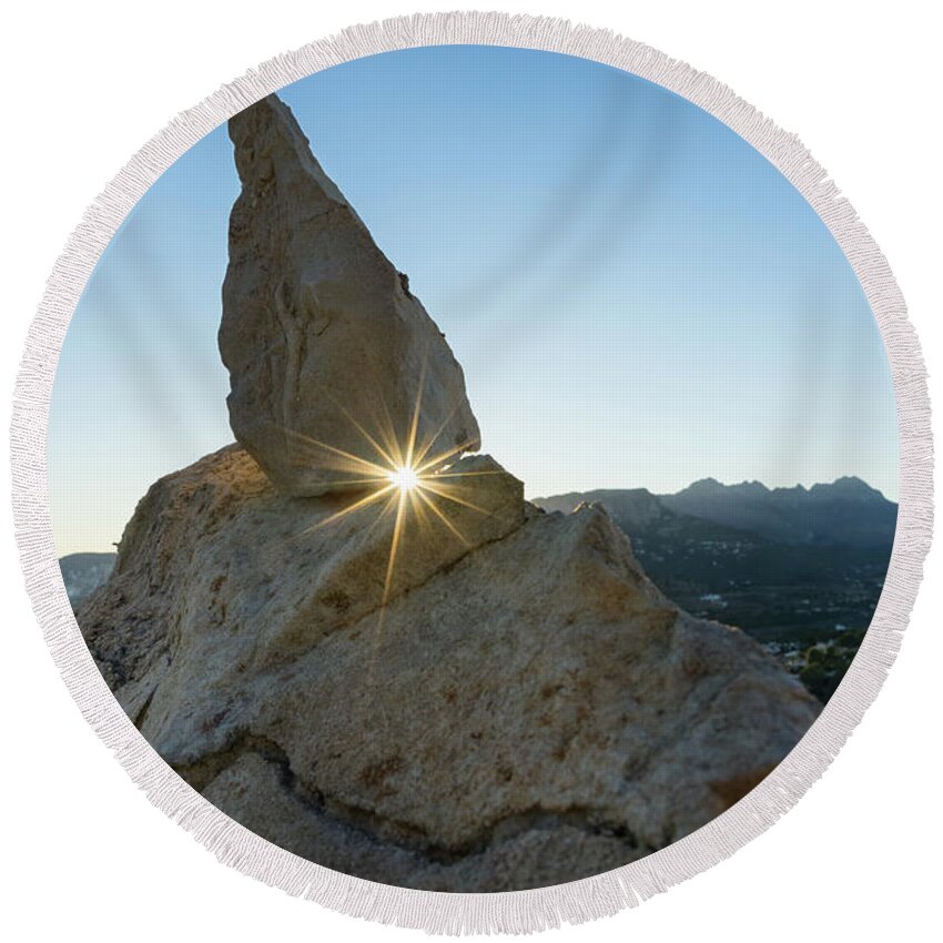 Mountain Landscape Round Beach Towel featuring the photograph Golden sunbeams, rocks and blue sky by Adriana Mueller