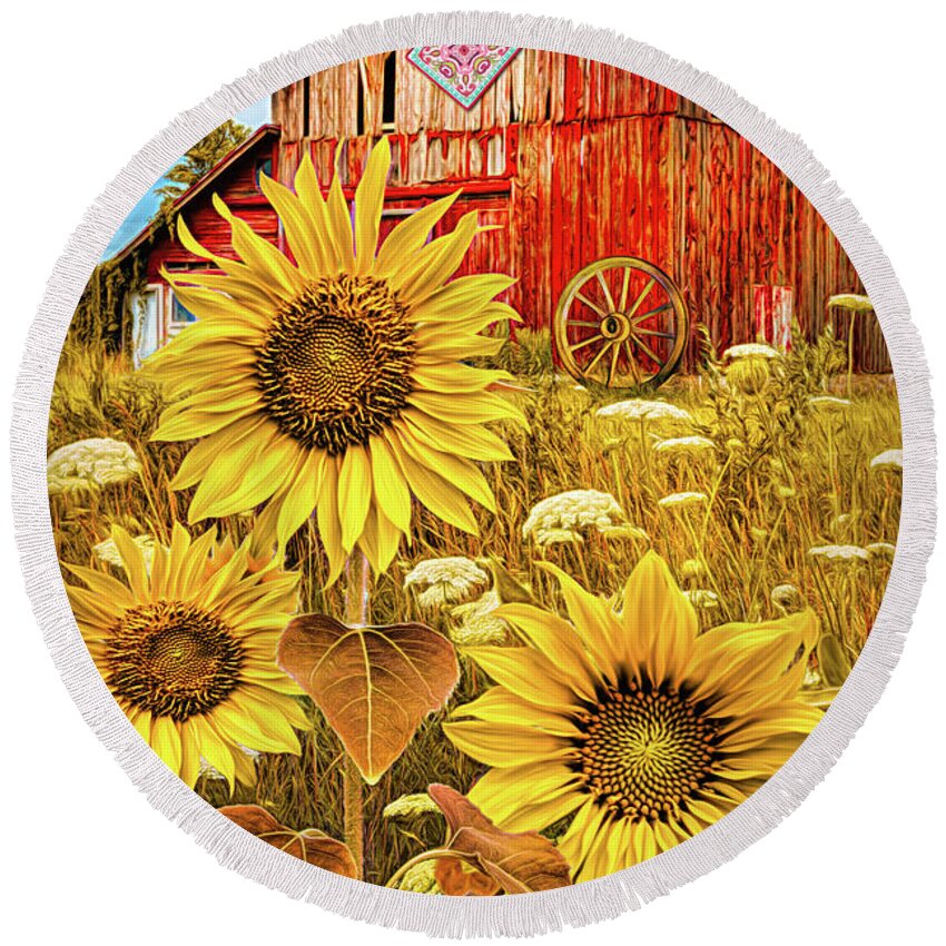 Sunflower Round Beach Towel featuring the photograph Golden Sunflowers Red Barn Painting by Debra and Dave Vanderlaan