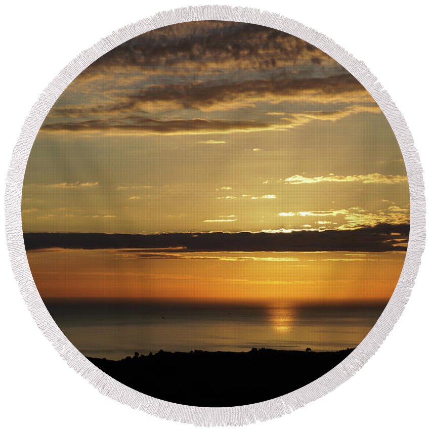 Clouds Round Beach Towel featuring the photograph Golden sunrise over the sea by Adriana Mueller