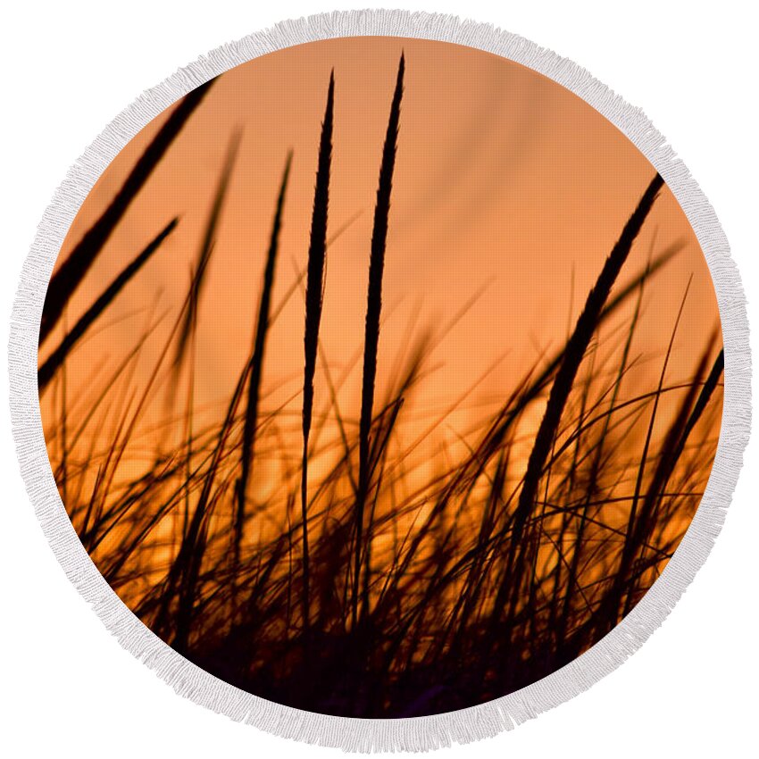 Grass Round Beach Towel featuring the photograph Golden Sunset Beach Grass by Debra Banks