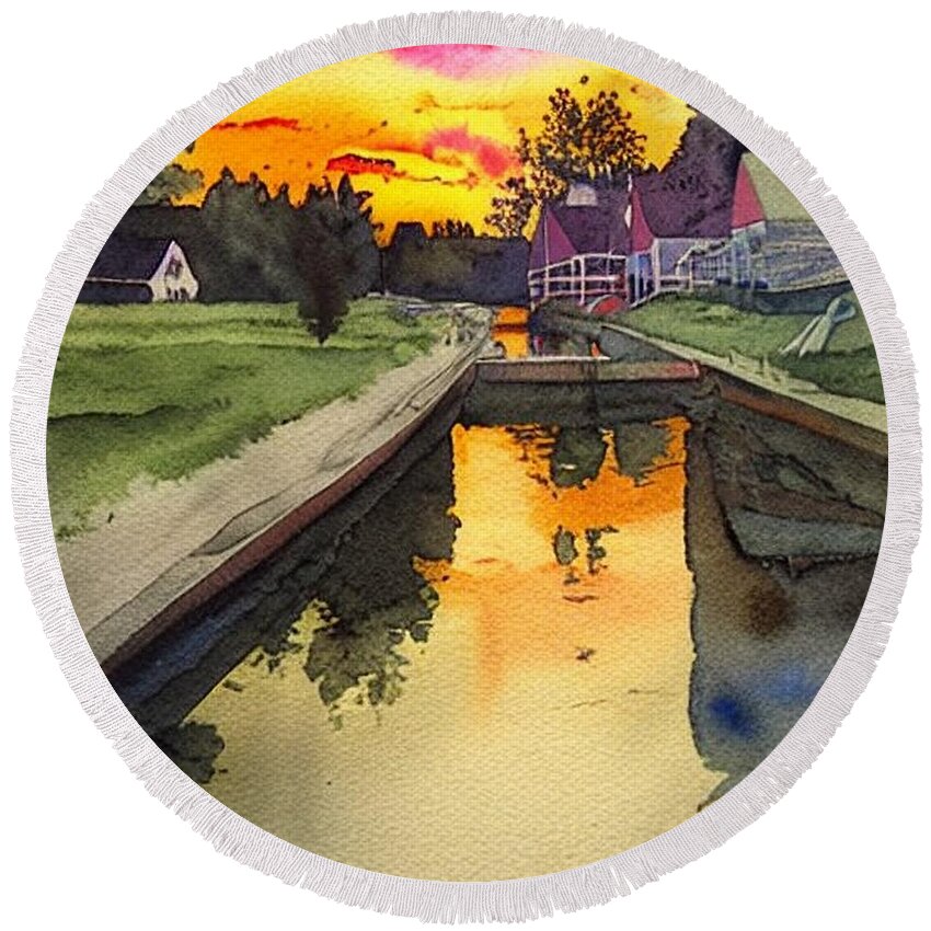Waterloo Village Round Beach Towel featuring the painting Golden Sunset on the Morris Canal at Waterloo Village, 1 by Christopher Lotito