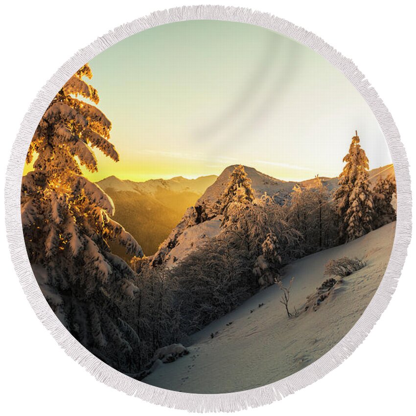 Balkan Mountains Round Beach Towel featuring the photograph Golden Winter by Evgeni Dinev