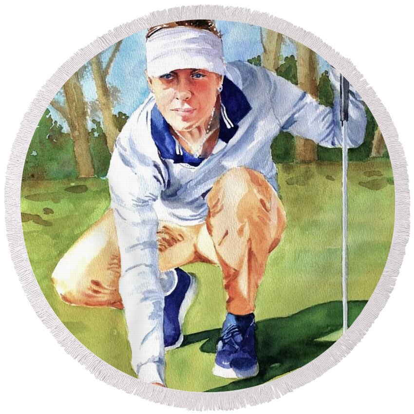 Lady Golfer Round Beach Towel featuring the painting Golf series - Focus by Betty M M Wong