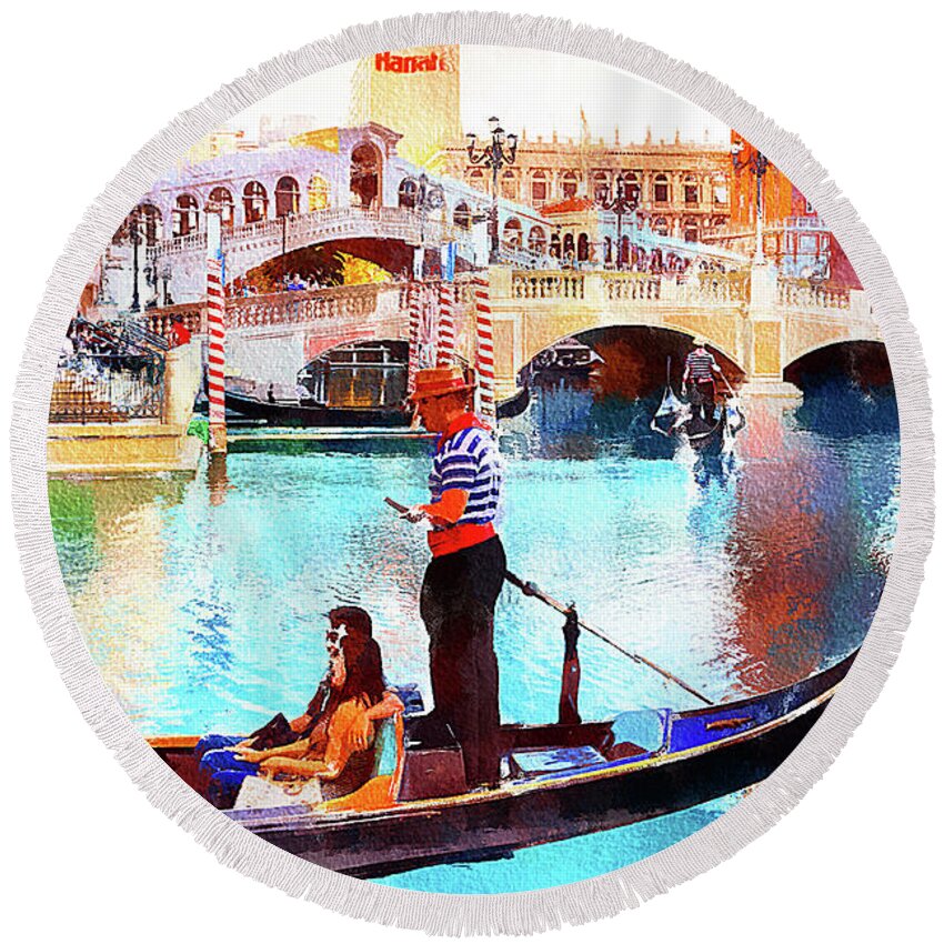 Venetian Round Beach Towel featuring the mixed media Gondola rides at the Venetian Las Vegas by Tatiana Travelways