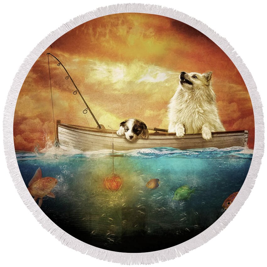 Icelandic Sheepdog Round Beach Towel featuring the digital art Gone Fishing by Maggy Pease