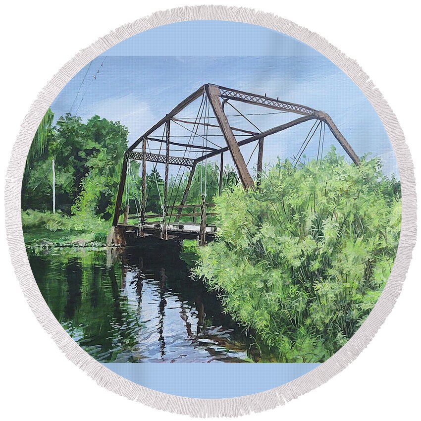 Bridge Round Beach Towel featuring the painting Gone Fishing by William Brody