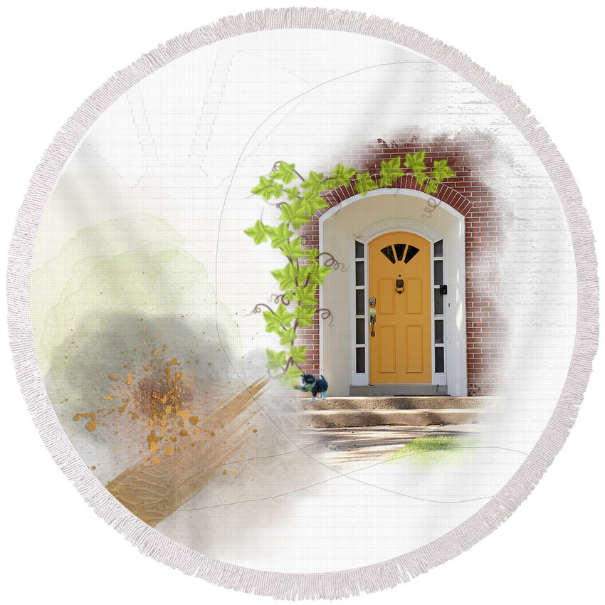 Yellow Round Beach Towel featuring the mixed media Good Door Sunshine by Moira Law