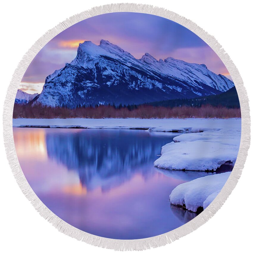 Mt. Rundle Round Beach Towel featuring the photograph Good Morning Mt. Rundle by Joe Kopp