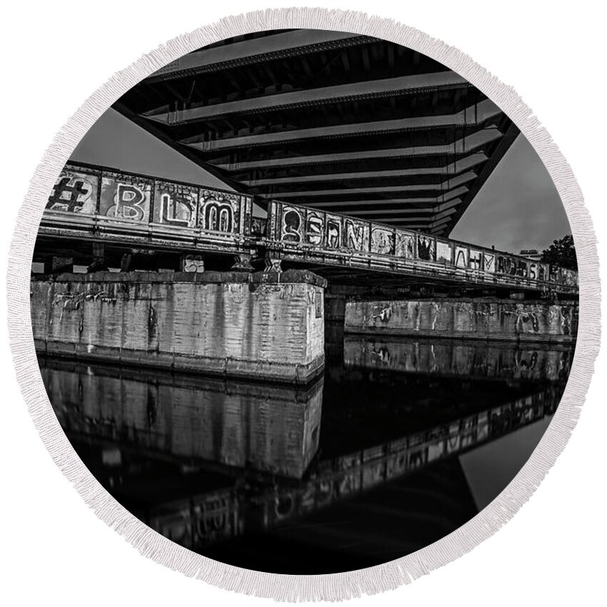Boston Round Beach Towel featuring the photograph Graffiti Under the BU Bridge Boston MA Charles River Reflection Black and White by Toby McGuire