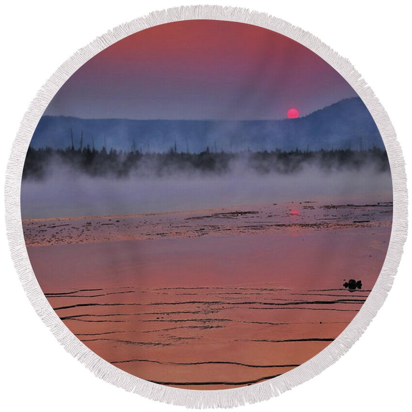 Mountain Round Beach Towel featuring the photograph Grand Prismatic Sunset Dream by Go and Flow Photos