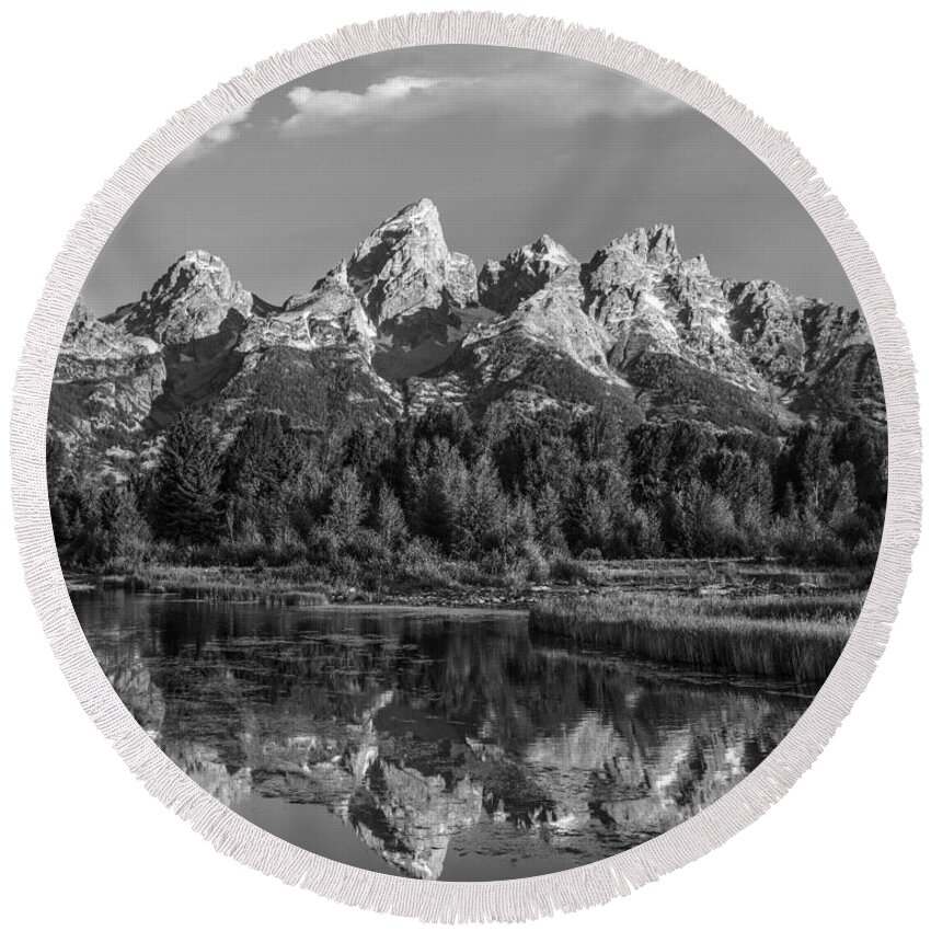 Landscape And Scenic Summer June July August America North Ameri Round Beach Towel featuring the photograph Grand Tetons from beaver pond on the Snak by Tim Fitzharris