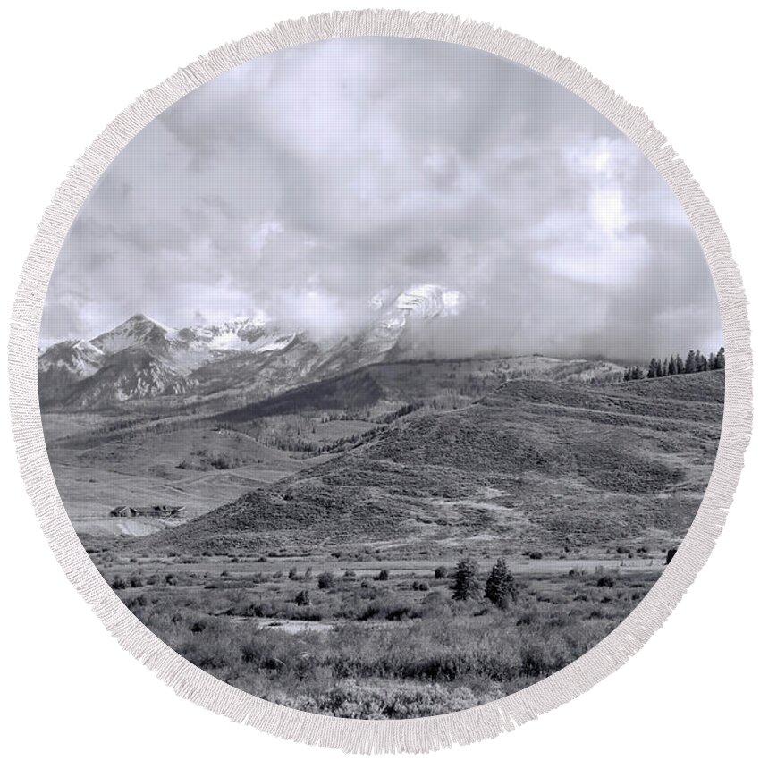 Grand Tetons Round Beach Towel featuring the photograph Grand Tetons in the Clouds 1b by Cathy Anderson