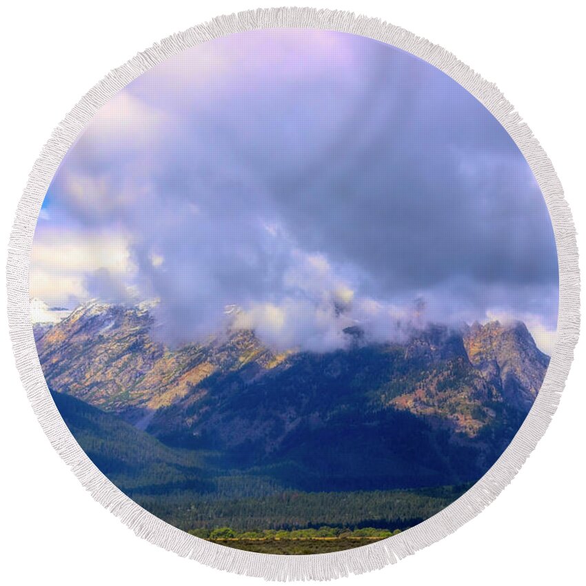Grand Tetons Round Beach Towel featuring the photograph Grand Tetons on a Cloudy day by Cathy Anderson
