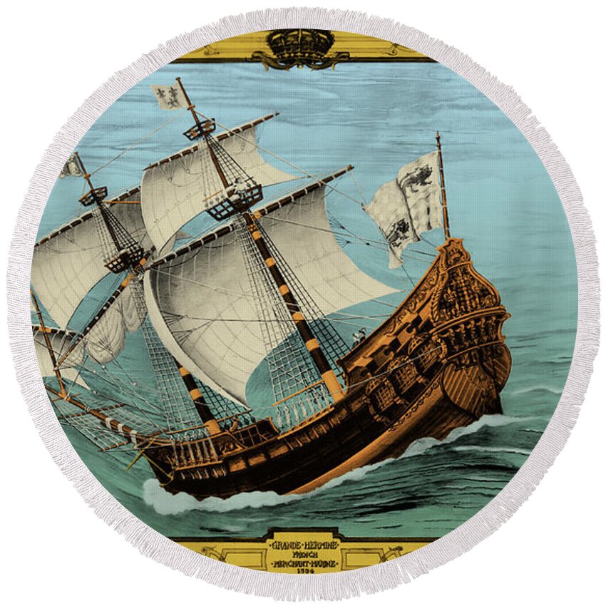 1535 Round Beach Towel featuring the drawing Grande Hermine, Jacques Cartier Ship by Science Source
