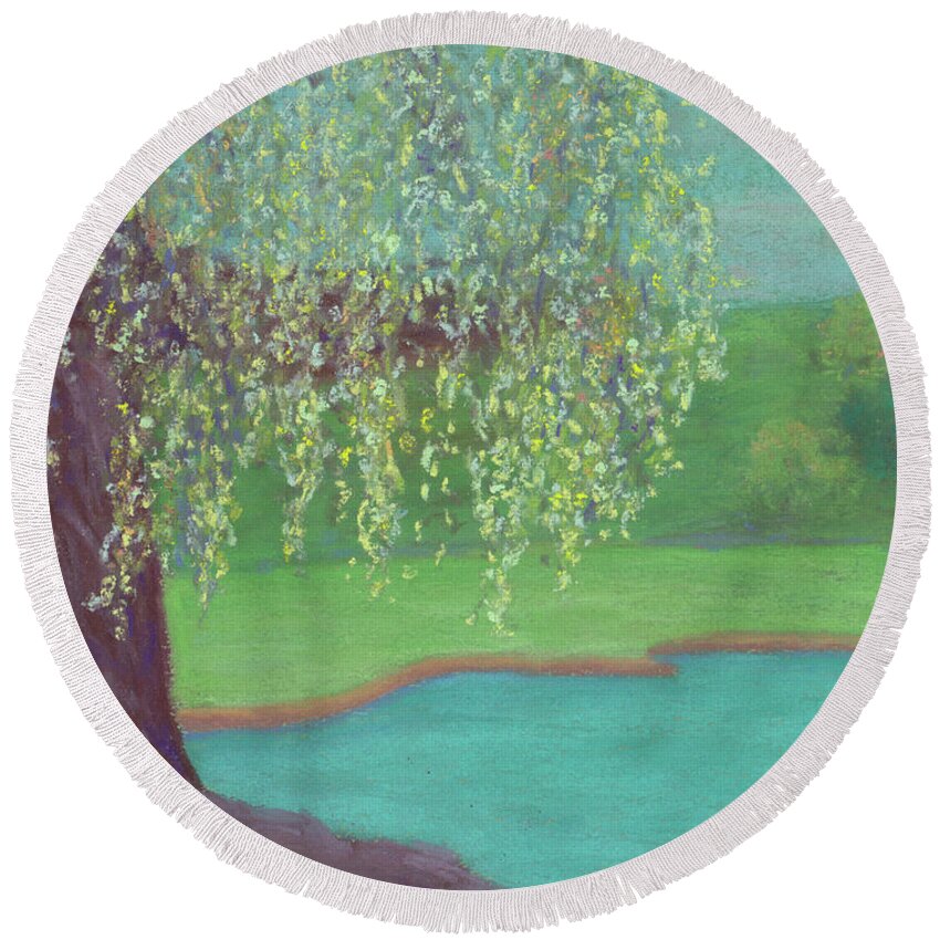 Willow Tree Round Beach Towel featuring the pastel Grandmother Willow by Anne Katzeff