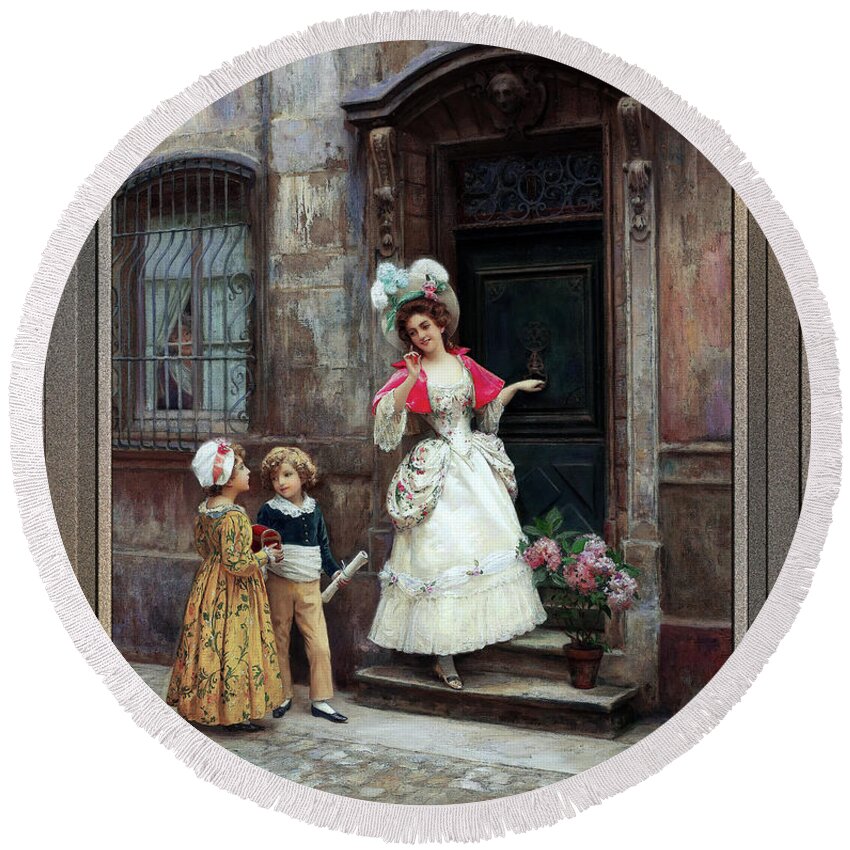 Grandmother’s Birthday Round Beach Towel featuring the painting Grandmothers Birthday by Jules Girardet Remastered Xzendor7 Fine Art Classical Reproductions by Rolando Burbon