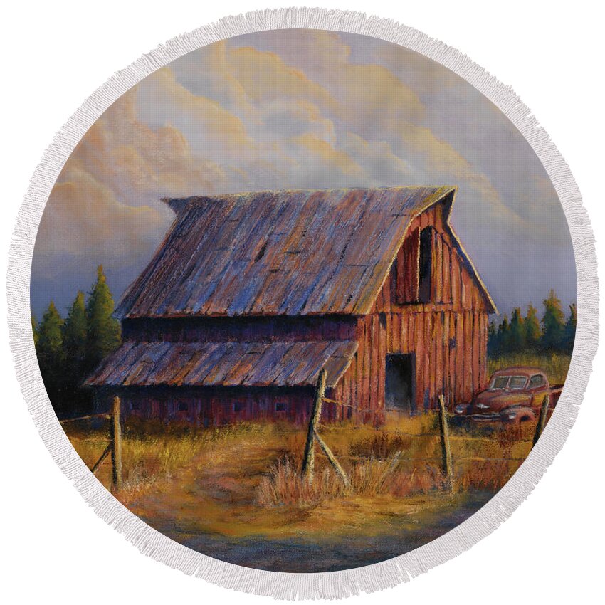 Barn Round Beach Towel featuring the painting Grandpas Truck by Jerry McElroy
